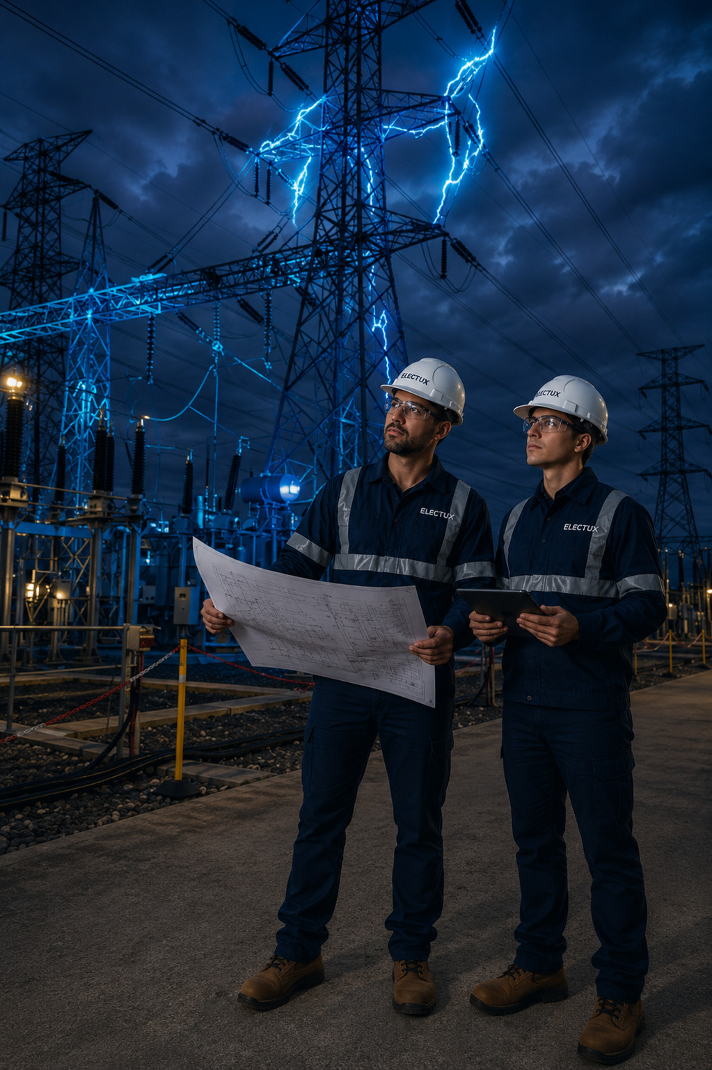 Ingenieros de ELECTUX inspeccionando planos en obra